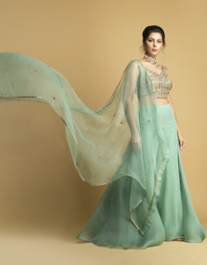 Mint-green crop bodice with draped palazzo