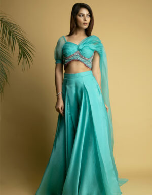 Turquoise draped bodice with culottes