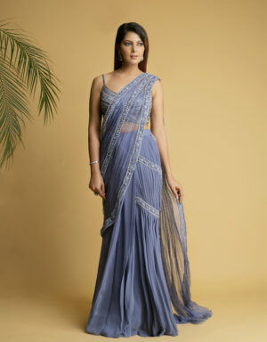 Classic blue crinkled pre-stitched saree
