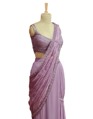 Pink Lavender crinkled pre-stitched saree